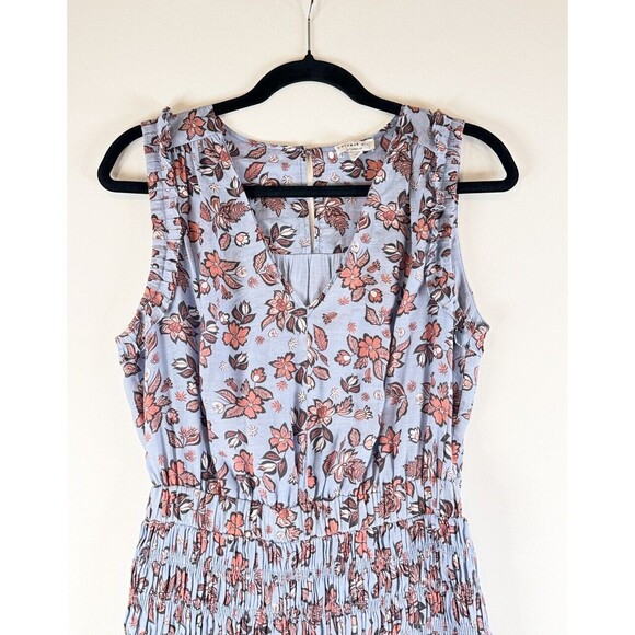 Current Air Dress Blue Smocked Waist Floral Mini V Neck Trumpet Boho Size Small - Picture 8 of 11